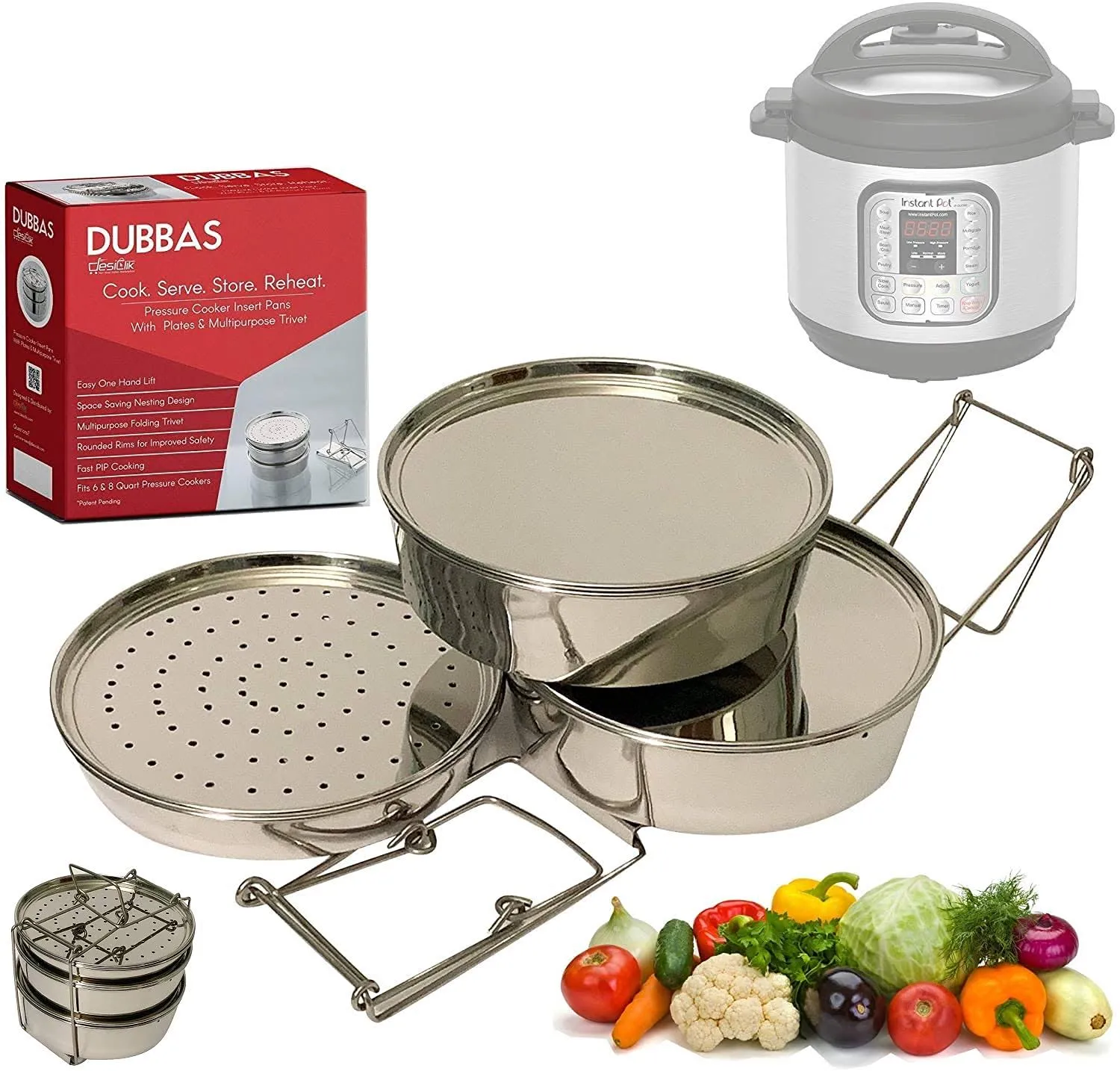 Dubbas - 3 Tier Stackable Insert Pans / Steamer for 6 & 8 qt Instant Pot Cooker PIP w/ Lids / Plates & Multipurpose Trivet / Sling to Cook, Serve,