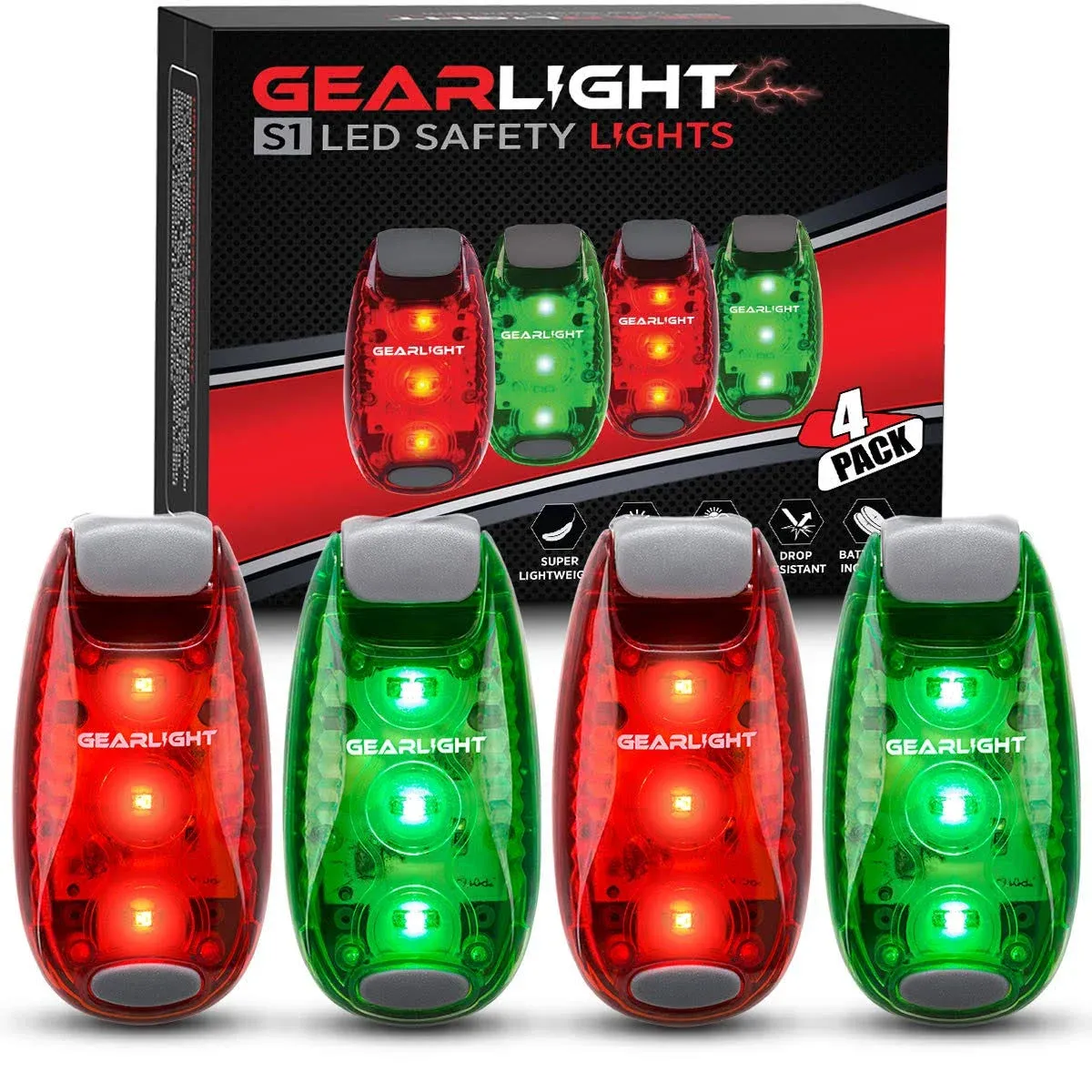 GearLight S1 LED Safety Lights [4 Pack] for Boat, Kayak, Bike, Dog Collar, Stroller, Runners and Night Running - Clip On, Strobe, Warning, Flashing, Blinking, Reflective Light Accessories