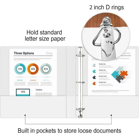 Comix Sturdy 2 Inch D-Ring Binders, 2'' 3 Ring Binder with Clear View Cover, Holds 500 Sheets of 8.5" x 11" Paper, 6 Pack (White)