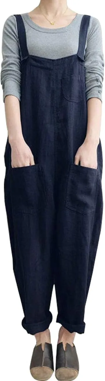 Gihuo Women's Fashion Baggy Cotton Linen Overalls Casual Jumpsuit