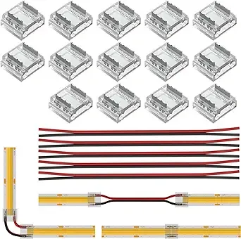 BTF-LIGHTING FCOB COB 10mm 0.39in Connector Kit 14pcs Transparent Connector 5pcs 15cm Long 20AWG Extension Wires for Non-Wired Gapless Solderless,FCOB 2 pin v+ v- Single Color Strip Corner Connection