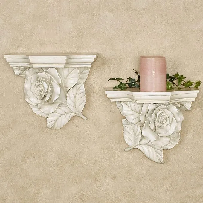 Touch of Class Rose Floral Blooming Decorative Wall Shelves Set - Resin - Antique White - Charming Display Shelving for Bedroom, Bathroom, Living