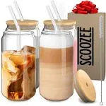 Scoozee Iced Coffee Cups with Lids [4 Pcs-18Oz] Beer Glasses with Bamboo Lids & Glass Straws, White Elephant Gifts, Glass Cups with Lids & Straws, Coffee Glass Tumbler, Housewarming Gifts New Home