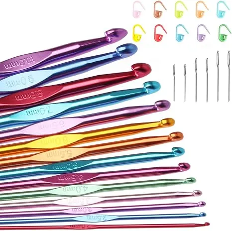 14 Sizes Color-Coded Aluminum Metallic Plated Knitting Crochet Hook Set