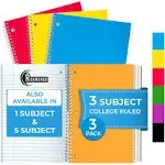 5 Subject Spiral Notebook, 3 Pack, College Ruled, Water Resistant Cover, Thick 300 Pages/Book (150 Sheets), 8 x 10-1/2, 3 Hole, Colored Dividers, Assorted Colors, Bulk School & Office