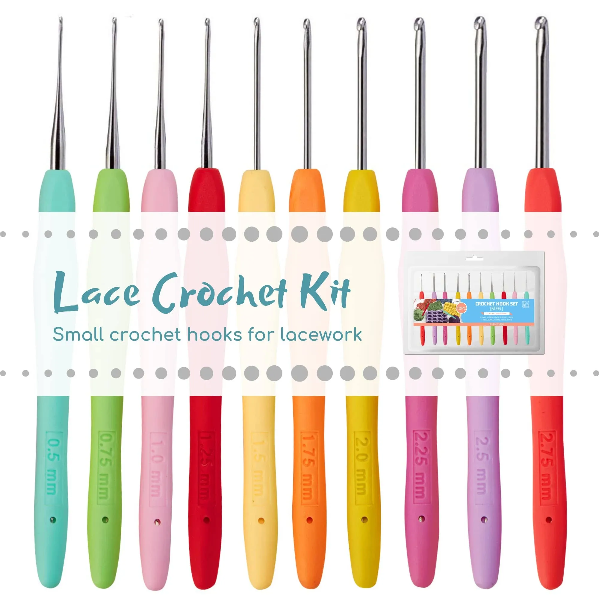 10 Small Sizes Crochet Hooks Set, 0.5mm - 2.75mm Ergonomic Soft Handle Crochets with Portable Case - Perfect for Lacework