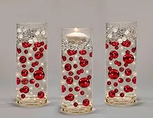 150 Floating Red Pearls - No Hole Jumbo/Assorted Sizes Vase Decorations-Fills 2 Gallons of Transparent Gels for Floating Effect-with Measured Floating Gels Prep Bags for Best Results!