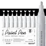 AKARUED White Paint Pen for Art - 8 Pack Acrylic White Paint Marker for Black Paper, Rock, Stone, Wood, Canvas, Glass, Metal, Metallic, Ceramic, Graffiti, Drawing, Water-Based Paint Markers Sets