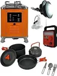 Drifters Complete Camping Ultimate Combo with Electricity-Generating Camp Stove, Foldable Silverware, Outdoor Pots & Pans, Power Bank Radio Floodlights and additional Solar Powered Rechargeable Lamps