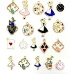 JIALEEY 19PCS Assorted Gold Plated Enamel Alice in Wonderland Wreath Charm Pendant DIY for Necklace Bracelet Jewelry Making and Crafting