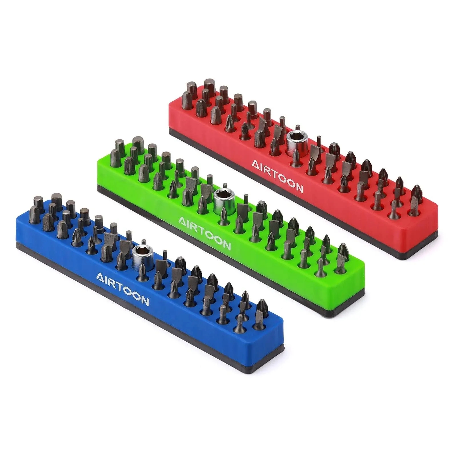 AIRTOON 3PCS 1/4" Magnetic Hex Bit Holder, 43 Holes Bit Storage with Strong Magnetic Base, Magnetic Screwdriver Bit Organizer, Red, Blue and Green