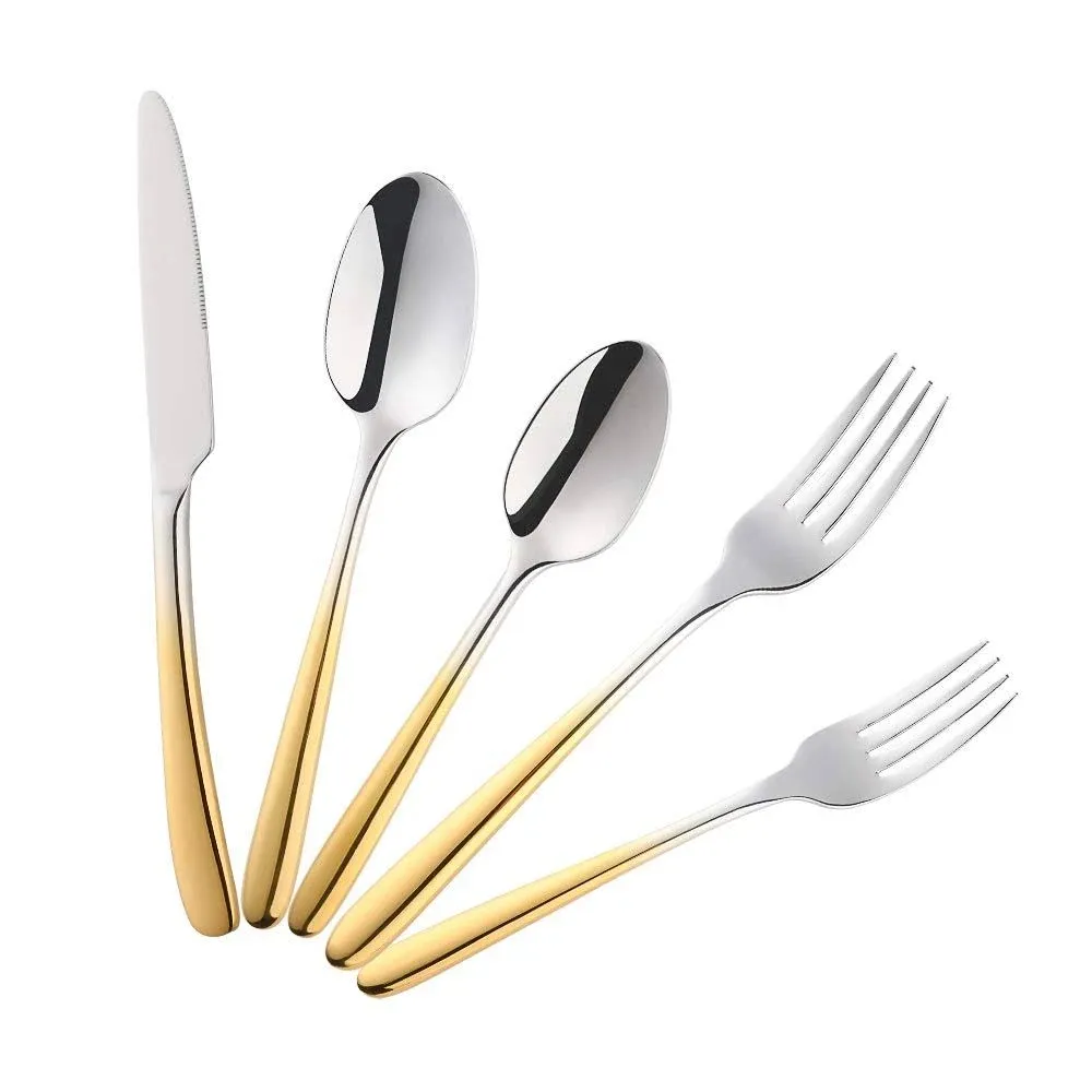 Buyer Star Stainless Steel Flatware Gradient Gold Silverware Set Dinner Spoons Forks Set Kitchen Tableware Cutlery Service Fo