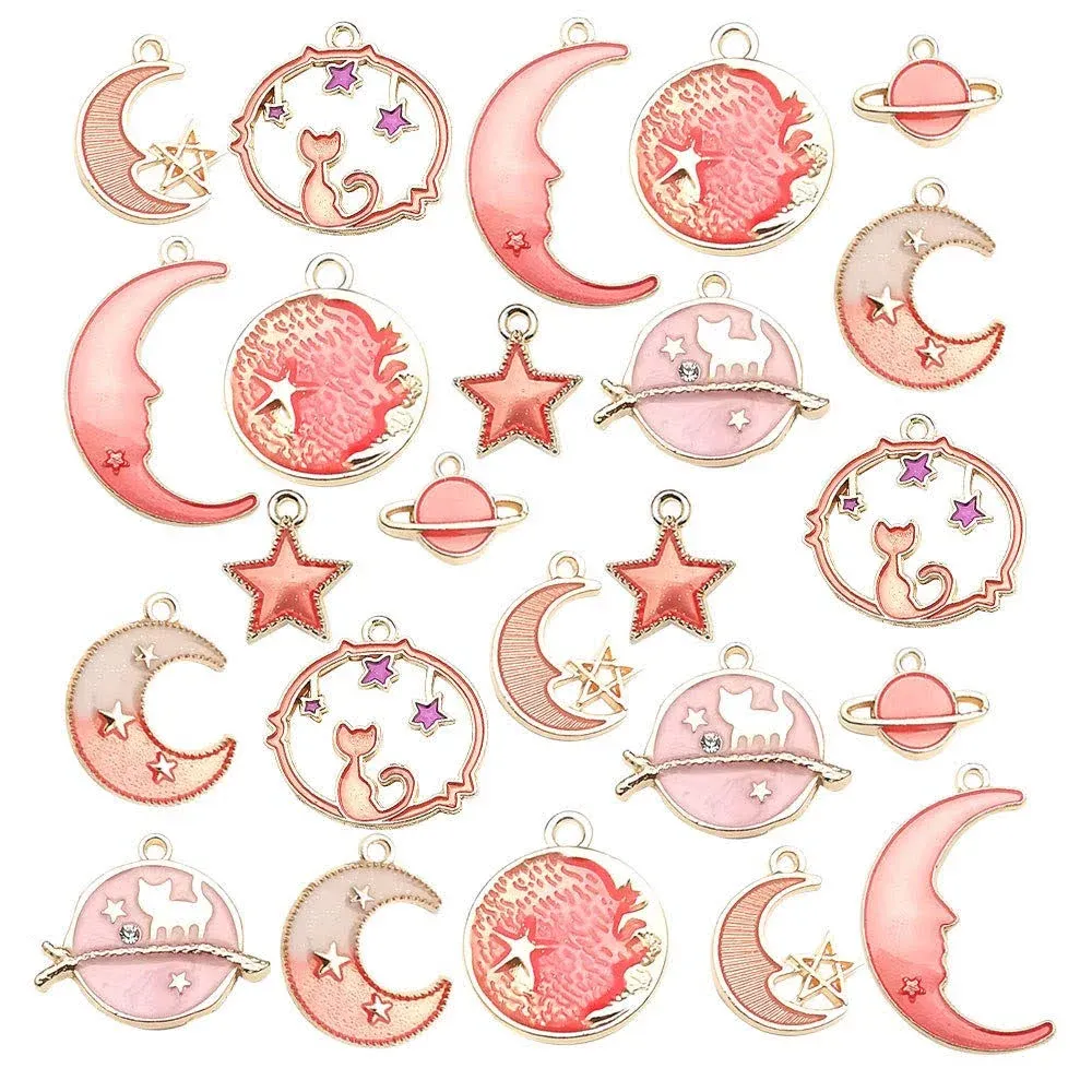 24 Pcs Assorted Gold Plated Enamel Cat Moon Star Celestial Charm Pendant DIY for ...