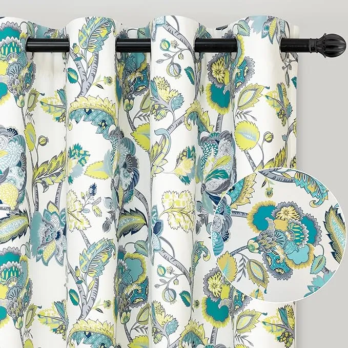 Driftaway Layla Classic America Style Floral Leaves Window Curtain Grommet - 52"Width x 96"length - Teal Gray