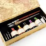 GC QUILL MU-02 Calligraphy Pen Set, Glass Dip Pen and Handcrafted Wooden Dip Pen Gift Set with 5 Colors Calligraphy Ink 6 Nibs 1 Pen Holder, Calligraphy Set for Beginners