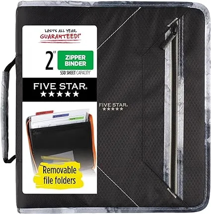 Five Star Zipper Binder, 2 Inch 3-Ring Binder for School, 530 Sheet Capacity, 3 Removable Tabbed File Folders, Black (29036IT8)