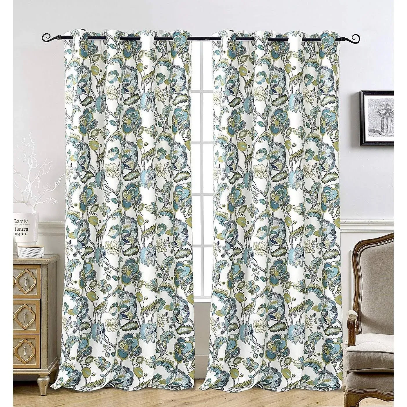 Driftaway Layla Classic America Style Floral Leaves Room Darkening Window Curtain Grommet 2 Panels 63"L x 52"W Teal Gray