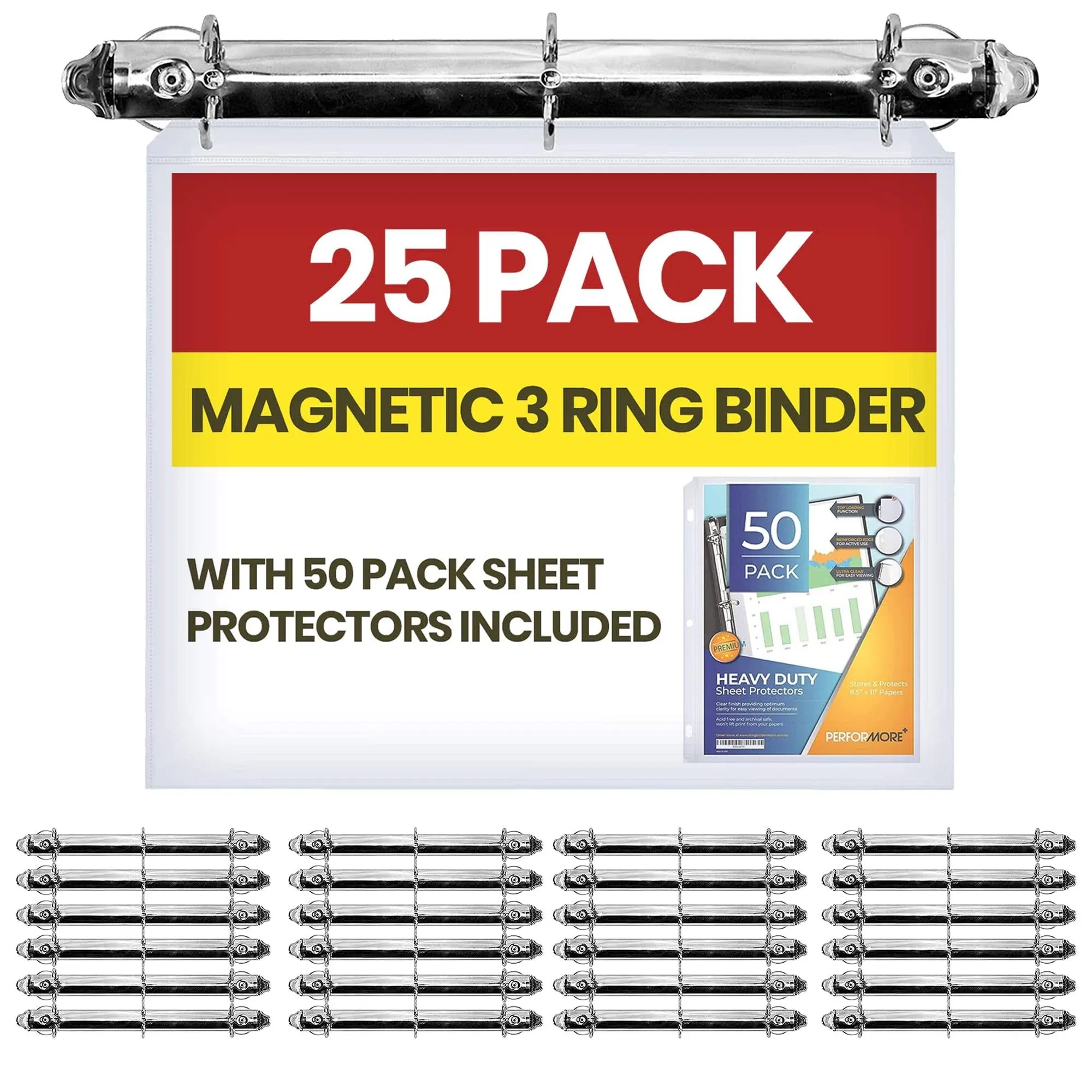 Magnetic 3 Ring Binder Locking Mechanism, 1" D Shaped Rings, 25 Pack- for Hanging 8.5" x 11" Size Sheets of Paper, 225 Sheet Capacity, 50 Sheet Protectors Include