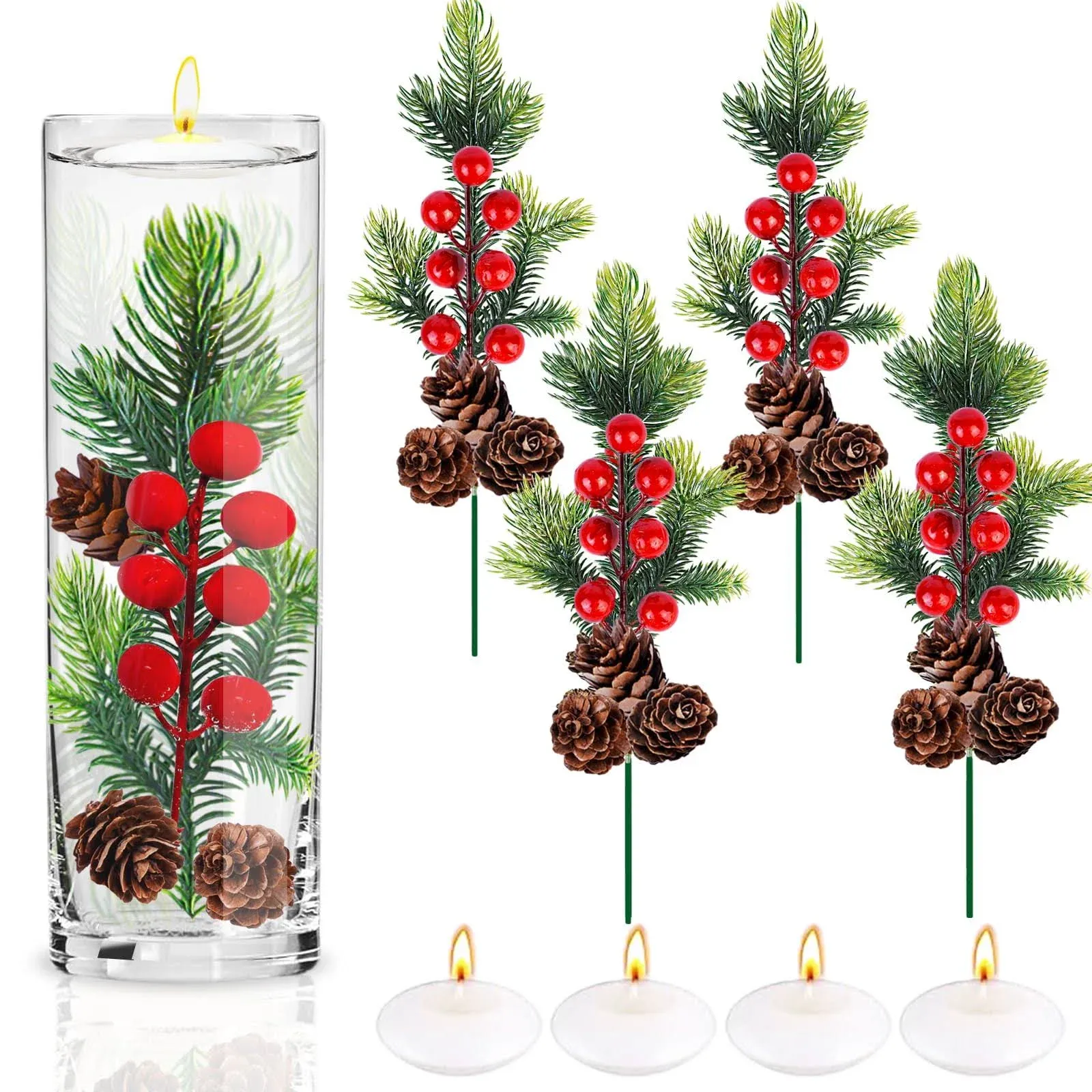 Christmas Floating Vase Filler - 4 Sets Christmas Vase Fillers Decorations with Floating Candles Artificial Holly Berries Pine Cone Picks Water Crystal Beads for Home Table Centerpieces Holiday Party