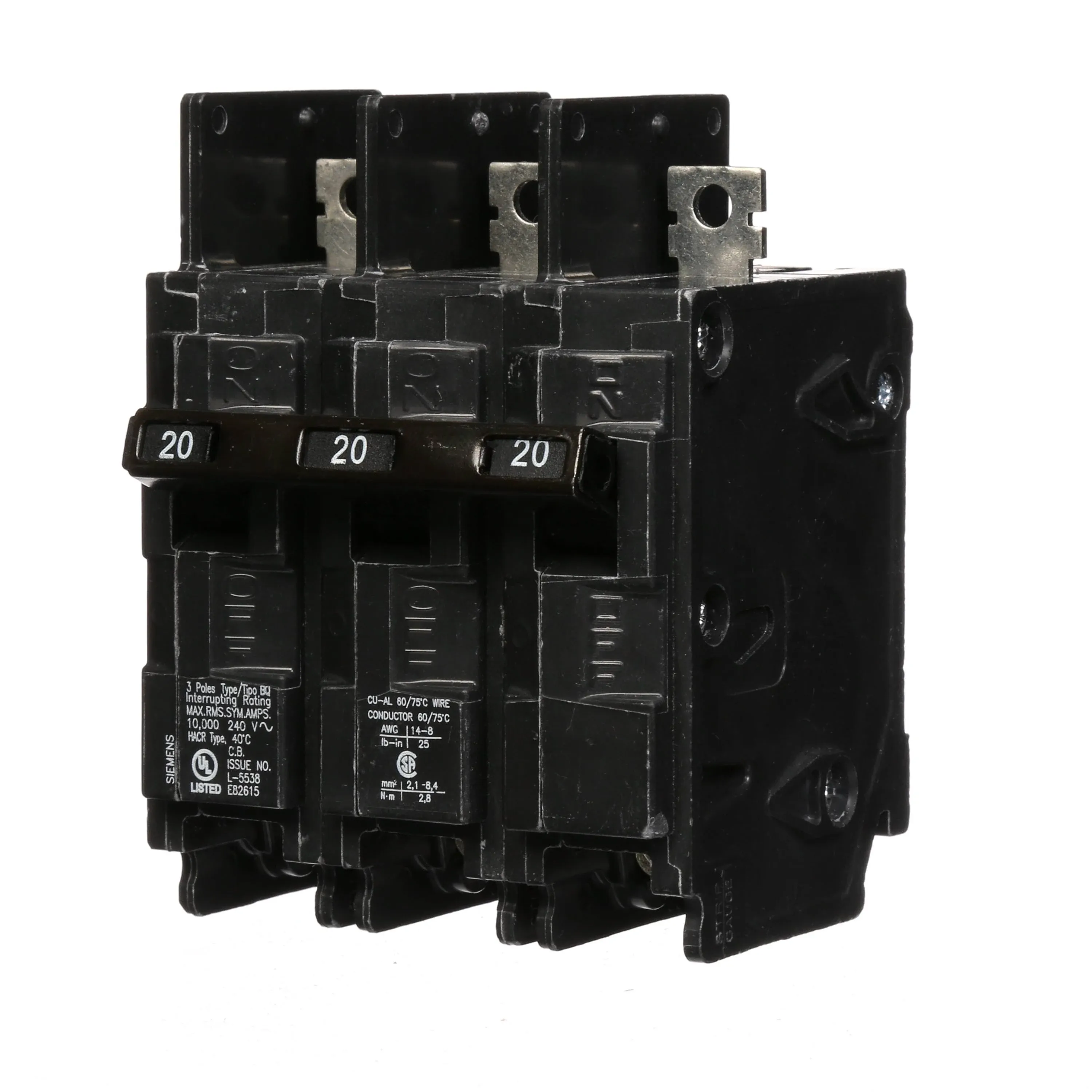 BQ3B020 SIEMENS 3 POLE 20A 240VAC 10KA UL CIRCUIT BREAKER NEW