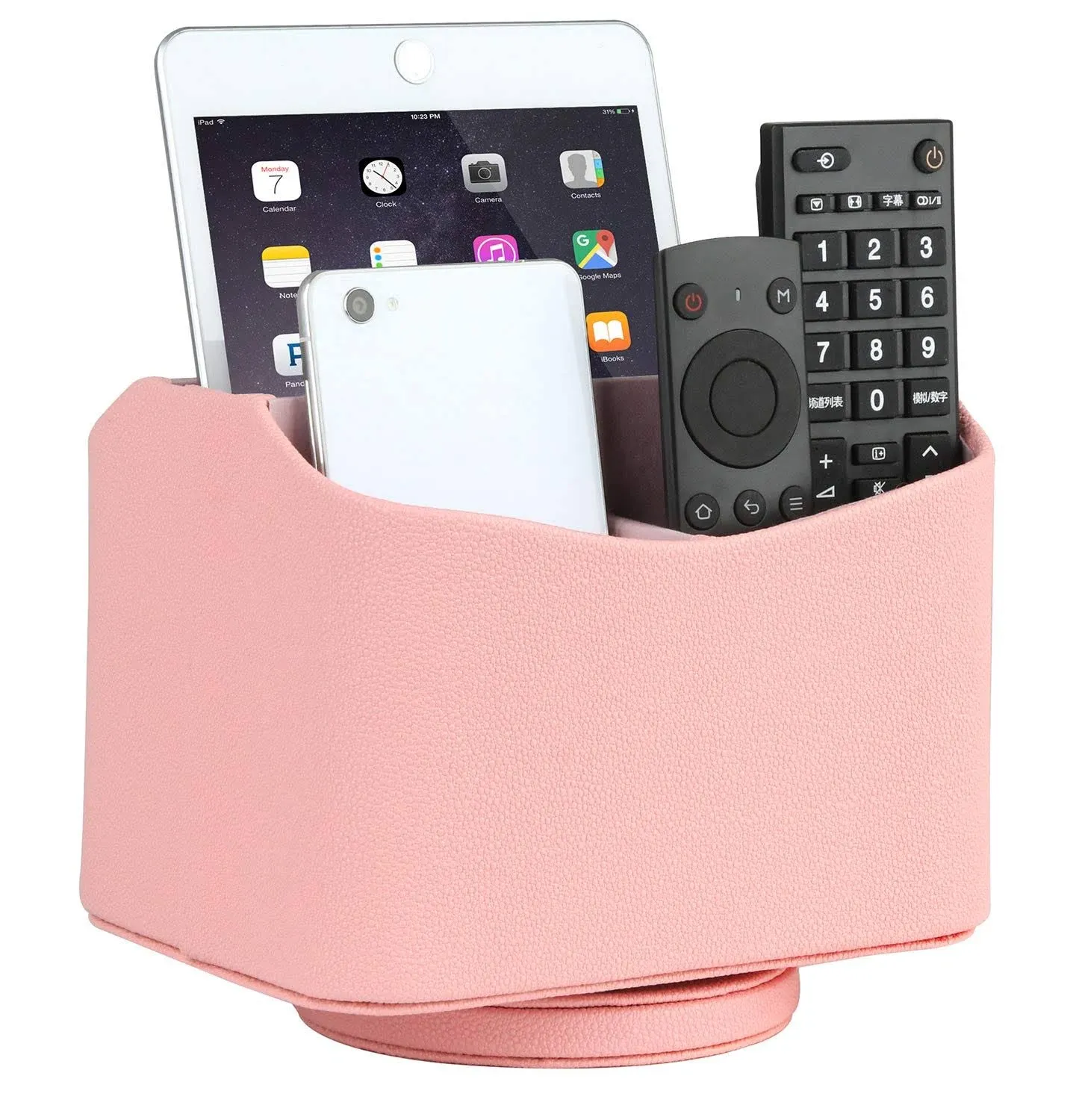 HofferRuffer Spinning Remote Control Holder, Remote Caddy, Spinning Remote Control Organizer, PU Leather (Pink Shagreen)