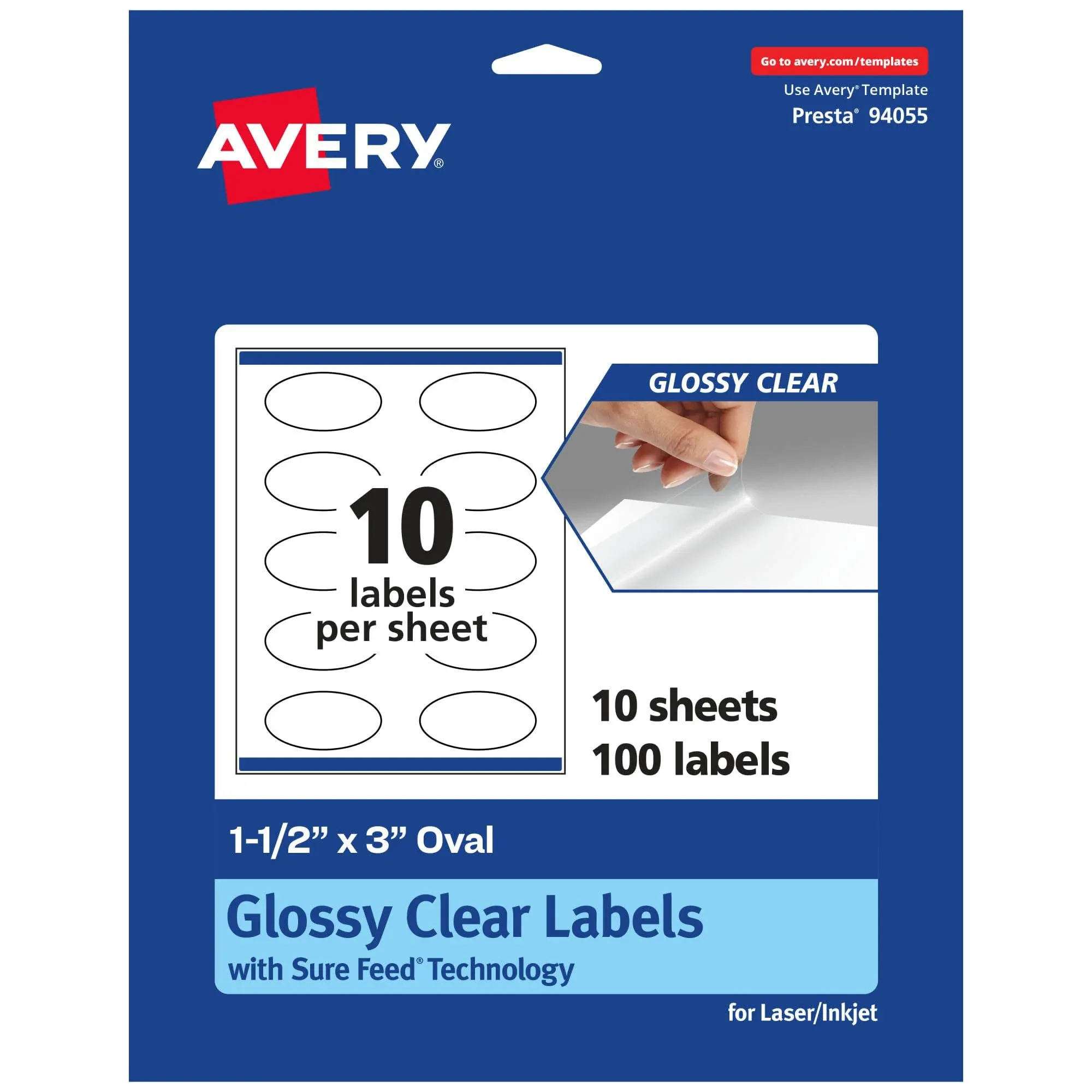 Avery Glossy Clear Oval Labels with Sure Feed, 1.5" x 3", 100 Glossy Clear Labels, Print-to-The-Edge, Laser/Inkjet Printable Labels