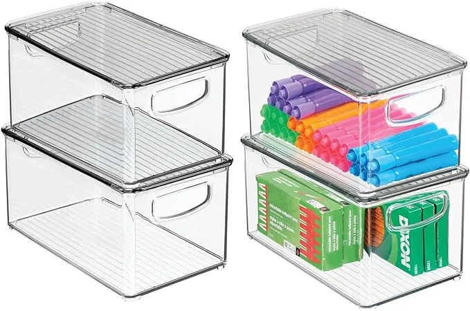 mDesign Plastic Office Storage Bin Box with Lid and Handles, 4 Pack