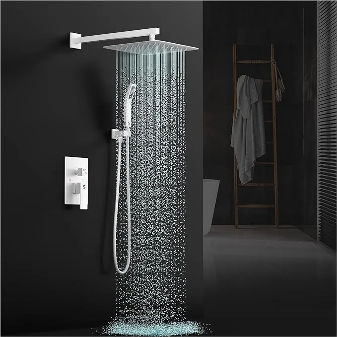 SR SUN RISE White Square Rainfall Shower Head and Handle Set, Wall Mounted Shower Fixtures, Metal Shower Faucet Trim Repair Kits (With Shower Valve) 10 Inches