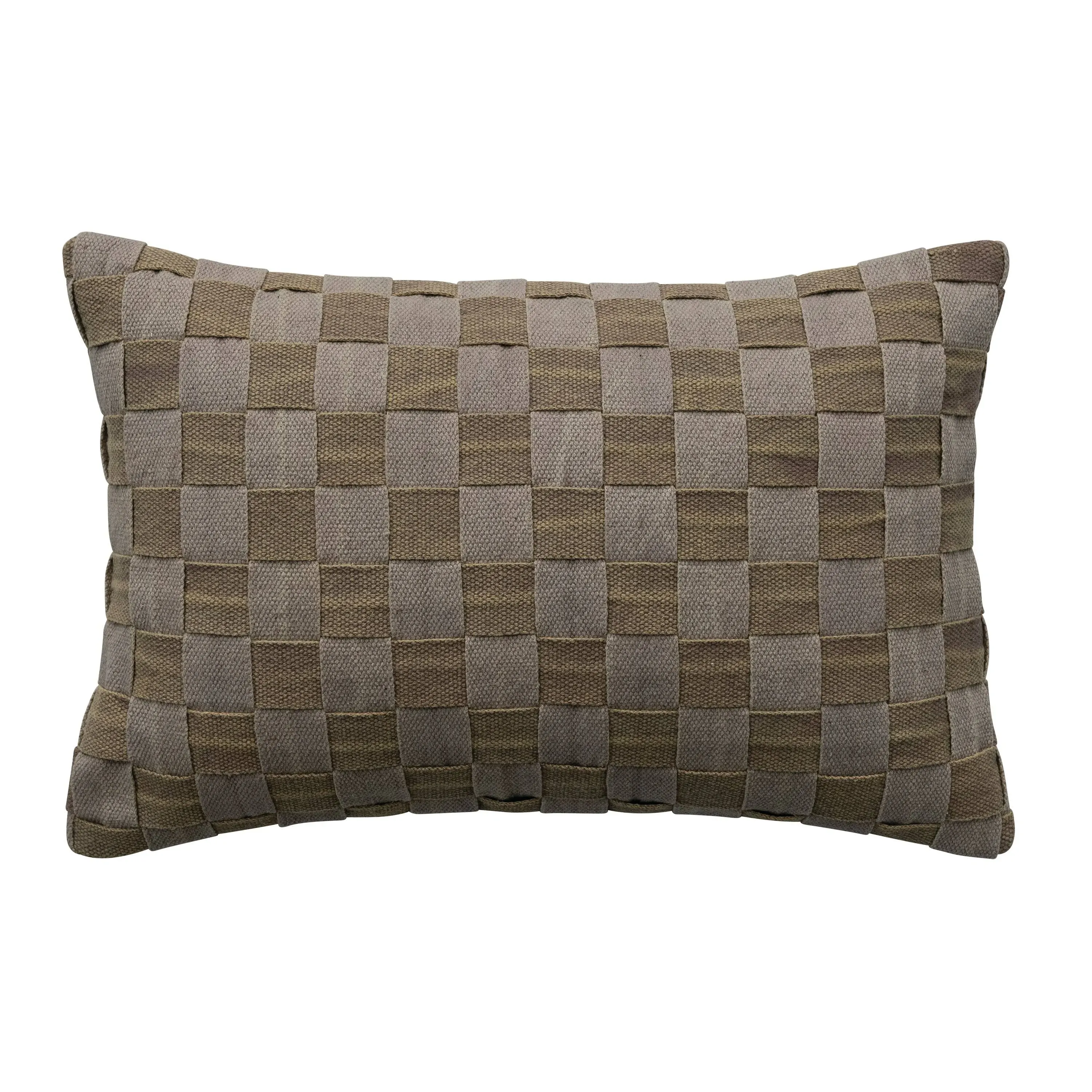 Bloomingville 24 Inches Woven Cotton Basket Weave Lumbar, Olive Color and Gray Pillow