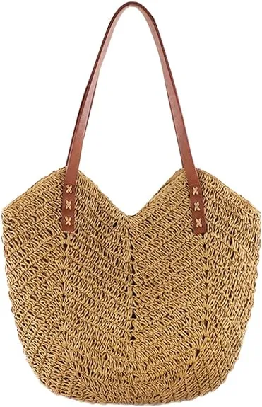 Aktudy Large Capacity Straw Handbag, Hand Woven Shoulder Bag Hollow Tote for Women Summer Travel Beach Bag