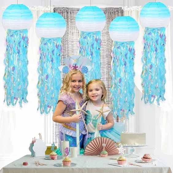 ADLKGG Hanging Jelly Fish Paper Lanterns, Gradient Colorful Blue Paper Lanterns for Mermaid Theme Party Under The Sea Ocean Birthday Decorations Baby Shower Baby Room, Set of 5