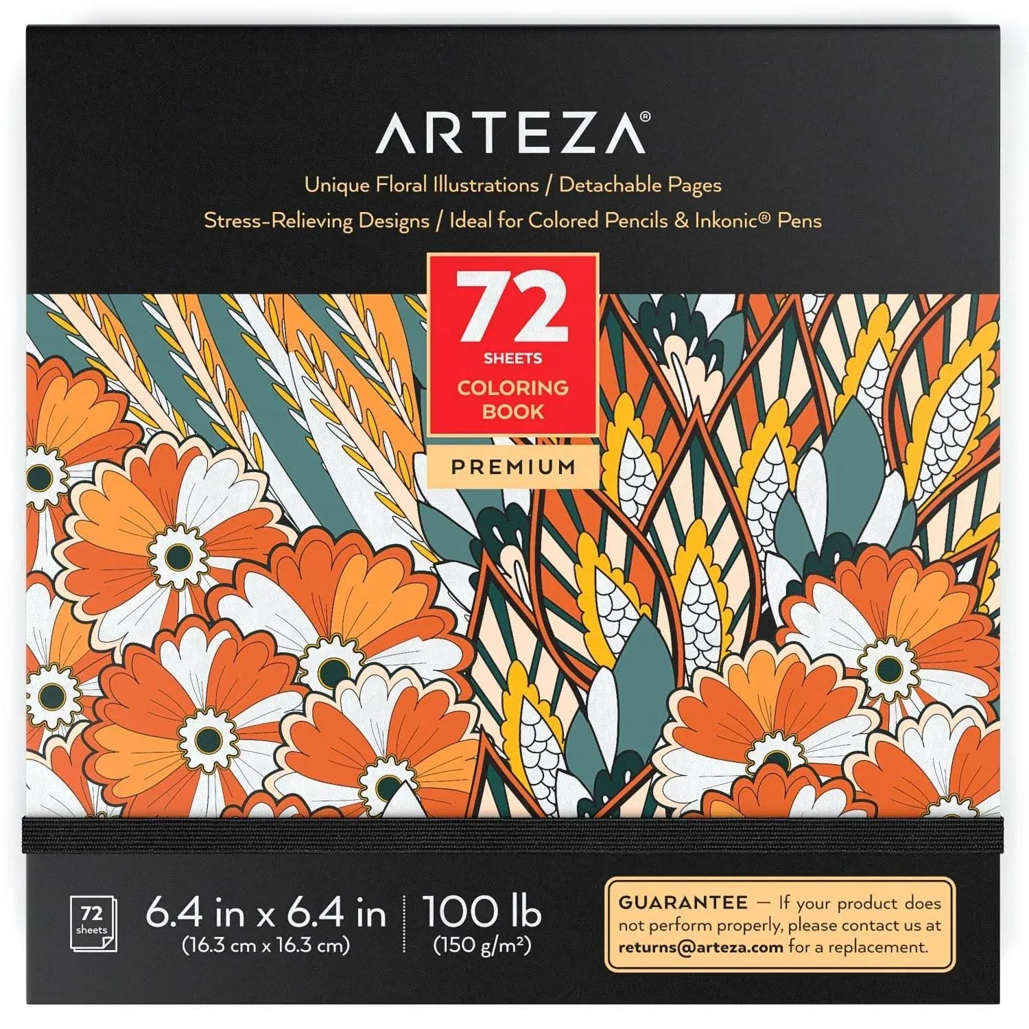 ARTEZA Adult Coloring Book, Floral Designs, 72 Sheets, 6.4x6.4 Inches Coloring Pages, 100 lb Paper