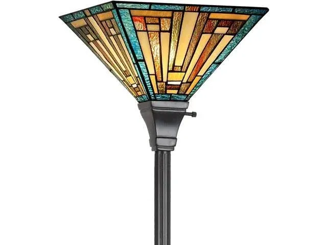 Tiffany Torchiere Floor Lamp Mission Style Green Stained Glass Torch Light 70" Tall Antique Standing Corner Light for Living Room Bedroom Home Office