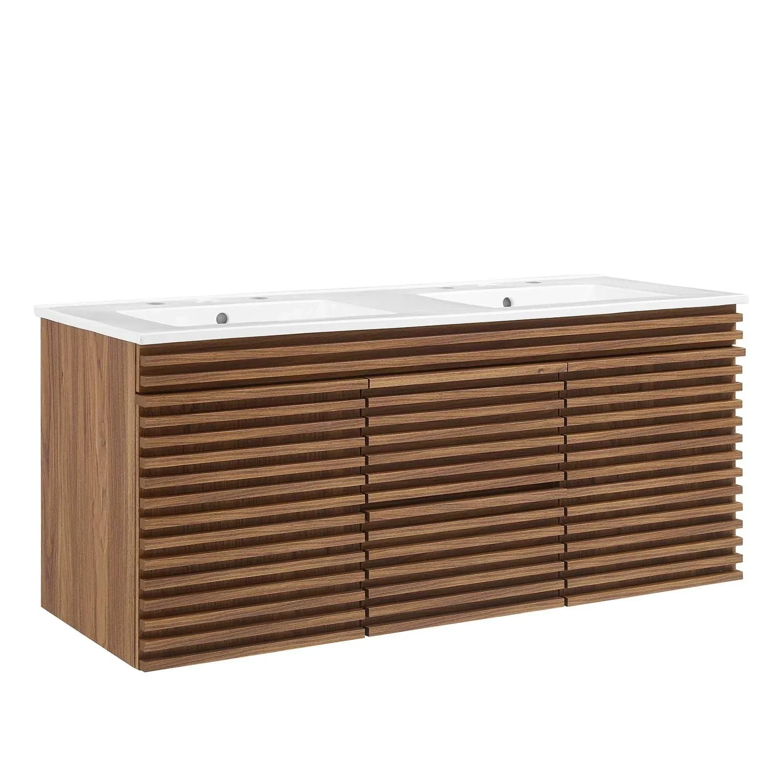 Render 48" Wall Mount Bathroom Vanity in Walnut Finish & White Ceramic by Modway