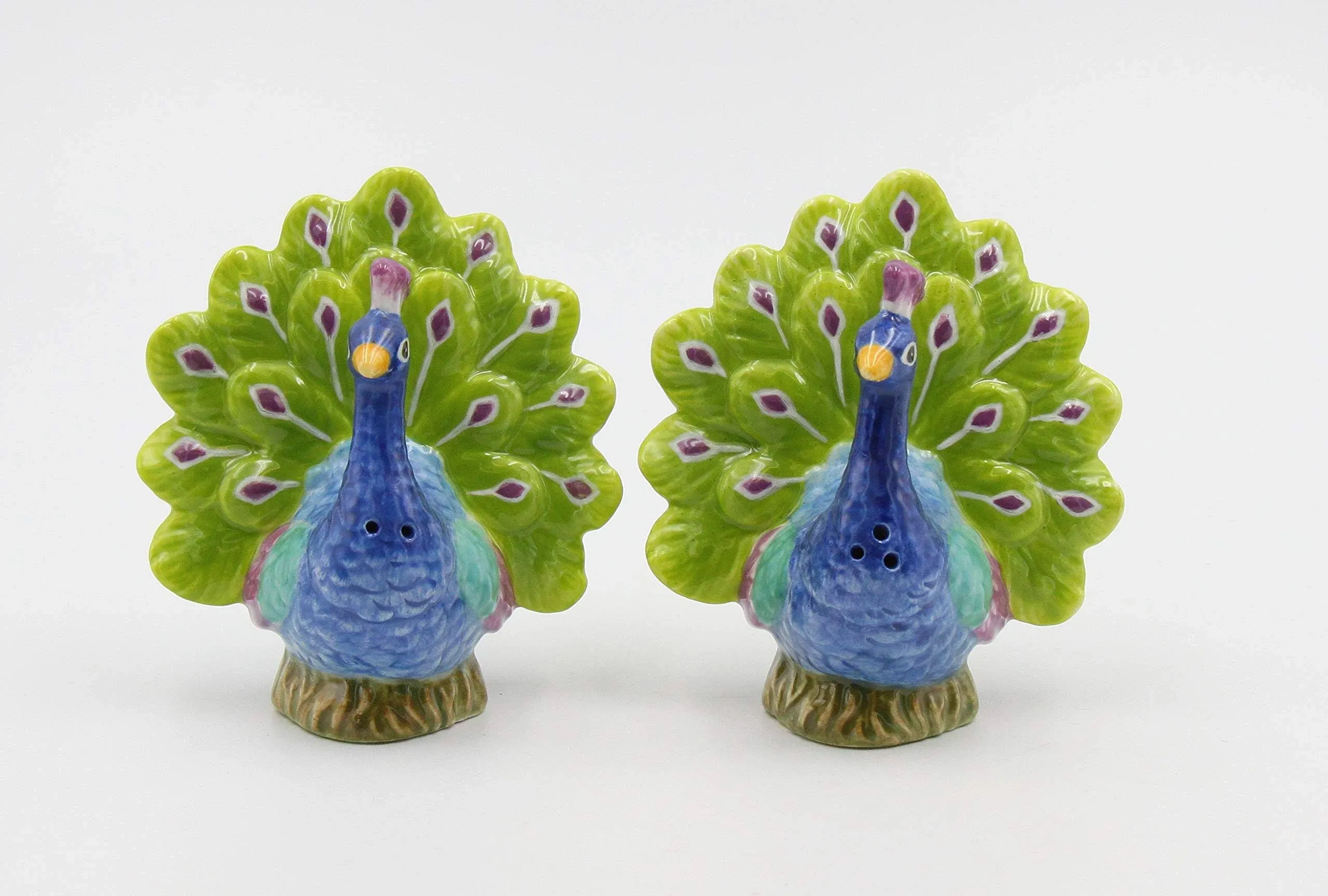 Fine Porcelain Peacock Open Fan Tail Salt & Pepper Shakers Set, 3-1/8" H