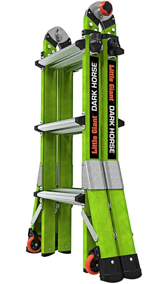 "Little Giant Dark Horse 2.0 7' - 11' Type 1A Fiberglass Articulated Extendable Ladder with Tip and Glide Wheels 16113-001 - 300 lb. Capacity"