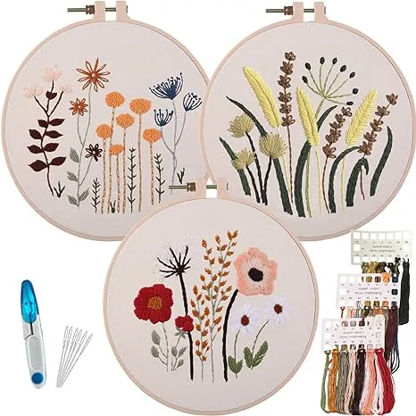 Myfelicity 3 Sets of Beginner Embroidery Kits Embroidery Starter Kits adult ...