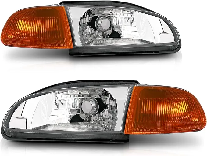 M-AUTO Left+Right Headlight Assembly Compatible with 1992-1995 Honda Civic, Factory Style Headlamps w/Chrome Housing Amber Corner