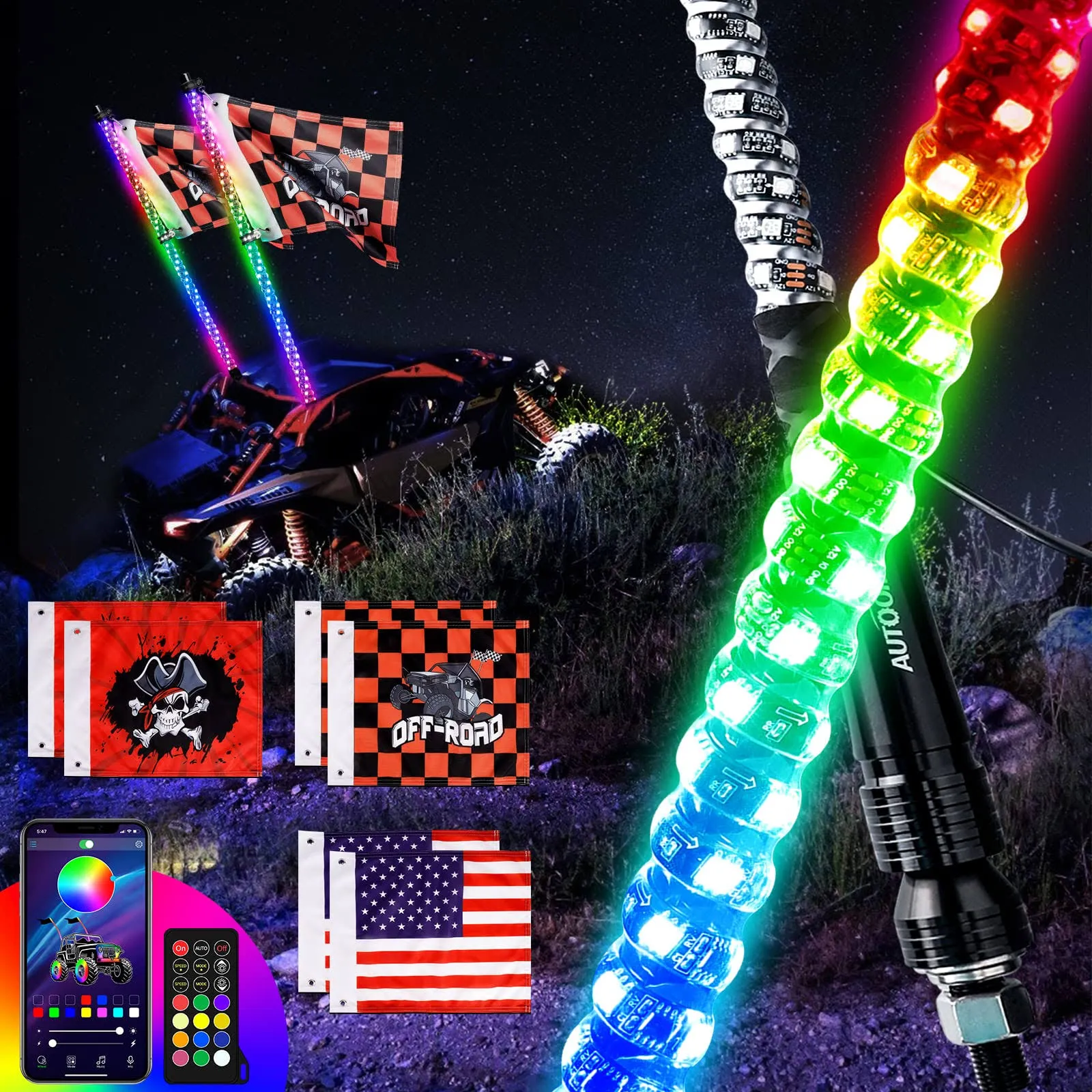 AUTOOMMO 2 PCS 3FT LED Whip Lights - 3X Brighter Professional UTV Whip Light, w/ 6 Off-Road Flags, APP & Remote Control, 366 Modes Chasing Lighted Antenna Whip for UTV ATV RZR SXS Can-Am