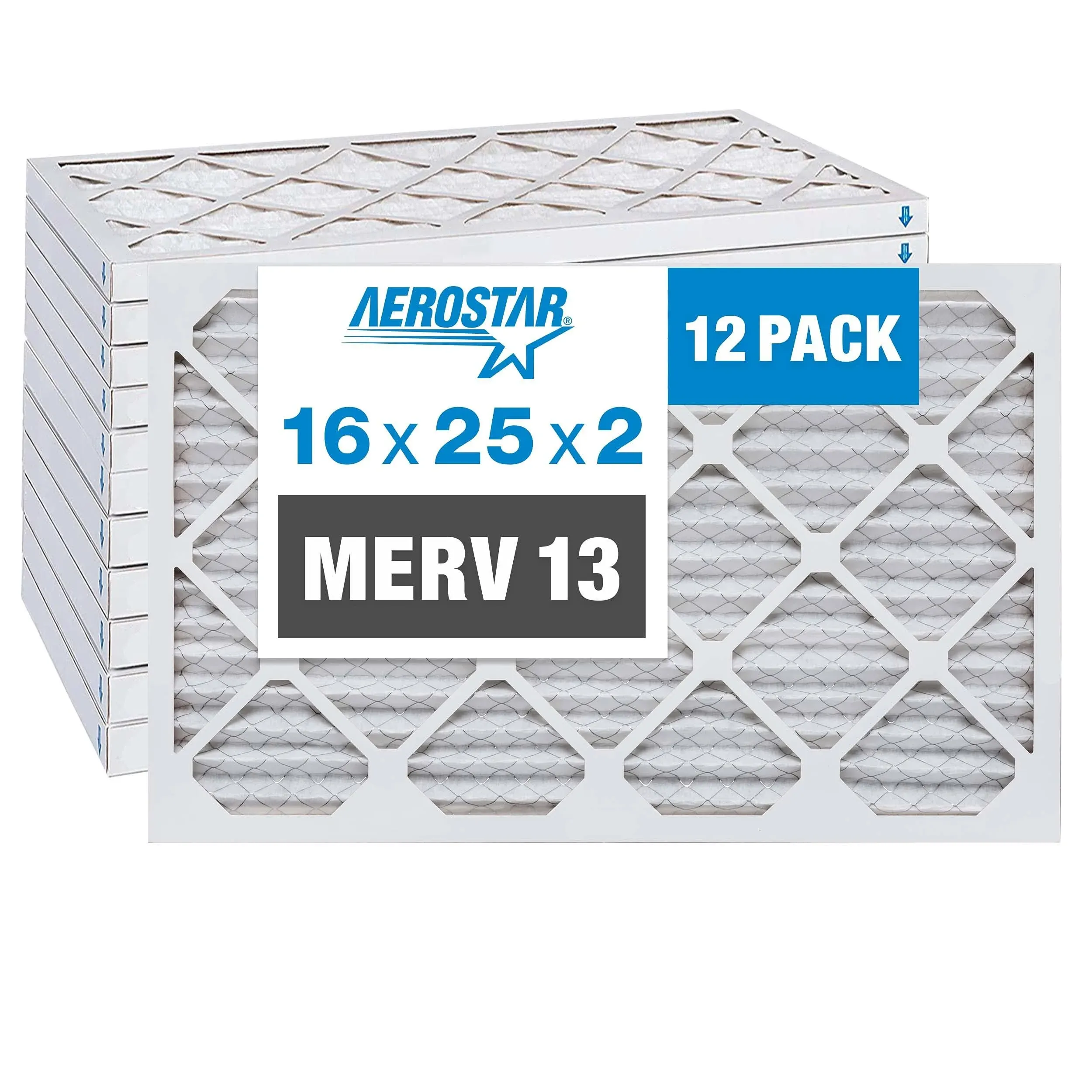 Aerostar 16x25x2 MERV 13 Pleated Air Filter, AC Furnace Air Filter, 12 Pack (Actual Size: 15 1/2" x 24 1/2" x 1 3/4")