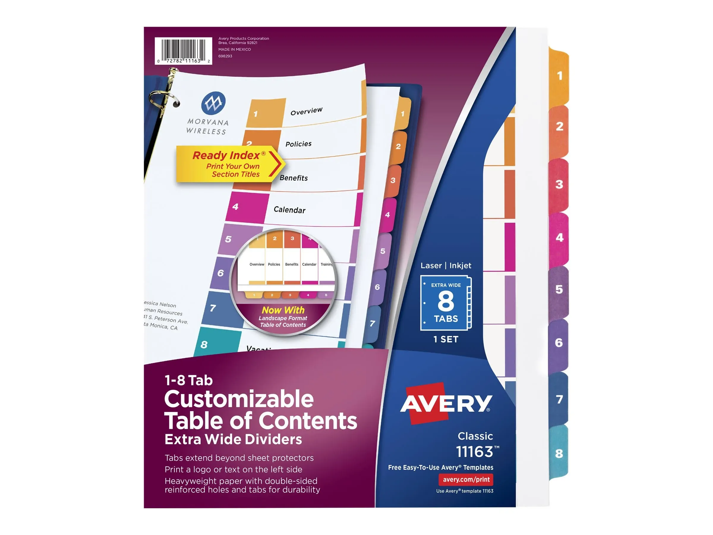 Avery‚® Ready Index Extra-Wide Binder Dividers - Customizable Table of Contents - 8 / ST - 8 Printed - Digit - 1-8 - 8 Tab(s)/Set - 9 Width x 11 Length - 3 Hole Punched - Multicolor Paper - 8 / Set