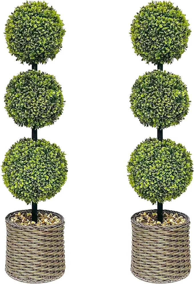 ChrisXiao 2 Trees 3ft Faux Boxwood Topiary Ball Tree Ornamental in All Seasons Without Care for Indoor & Outdoor Use - Fake Plantporch Decor for