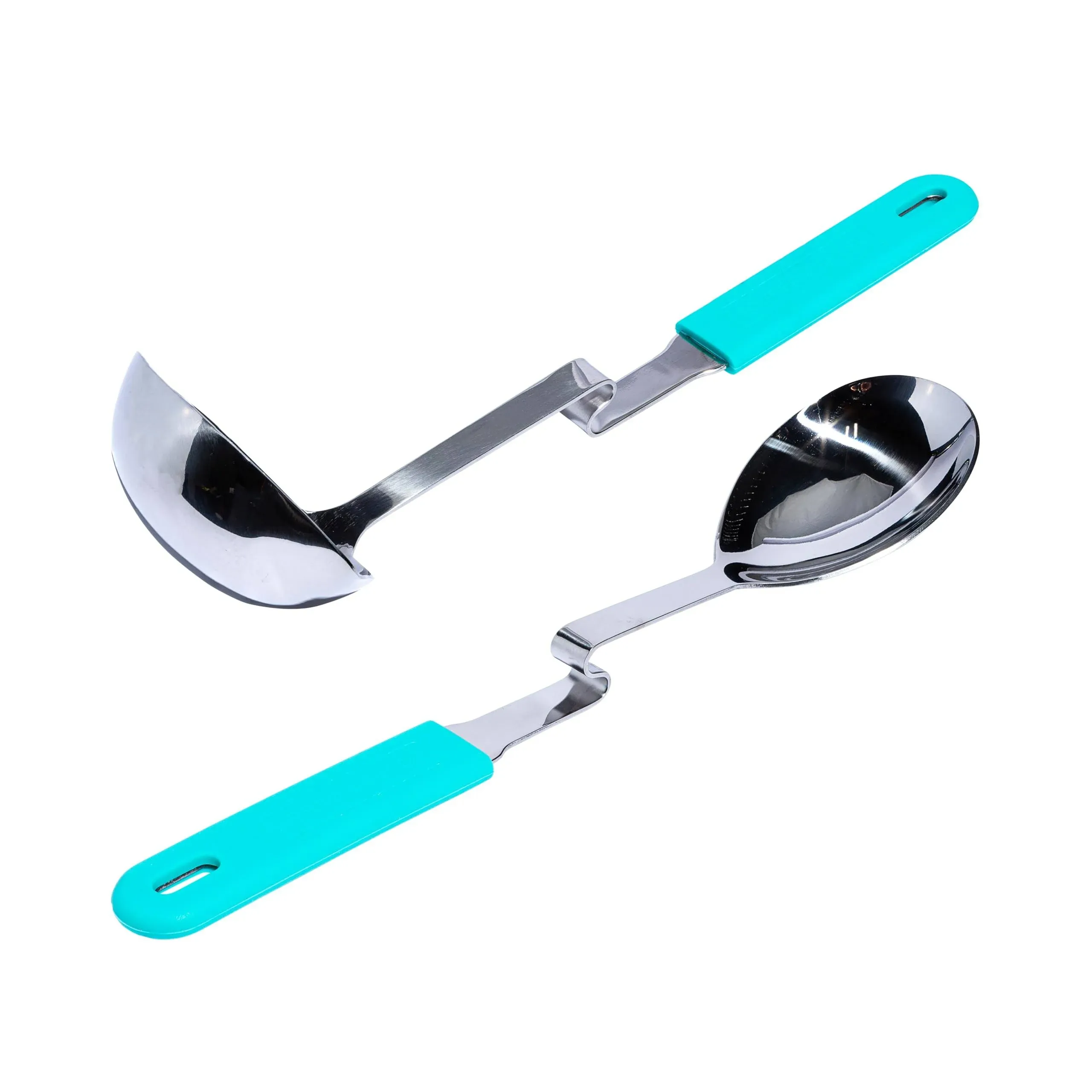 Souper Cubes + Lori Greiner No Mess Silicone Handle Stainless Steel Ladle and Serving Spoon Set - Kitchen Utensils for Cooking and Serving - Aqua Color - 2 Piece Set Spouted Ladle and Spoon