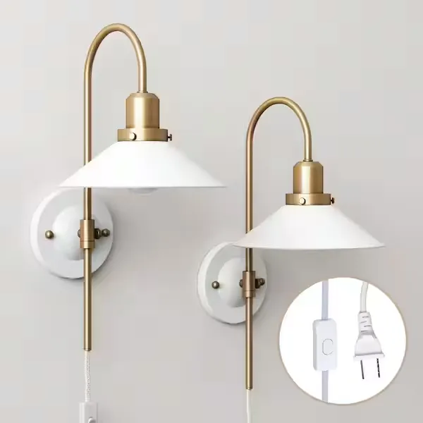 Reta 1-Light Fixture, Wall Mounted Lamp, Plugin Sconce with White Shade and Switch for Living Room or Bedroom (Set of 2)