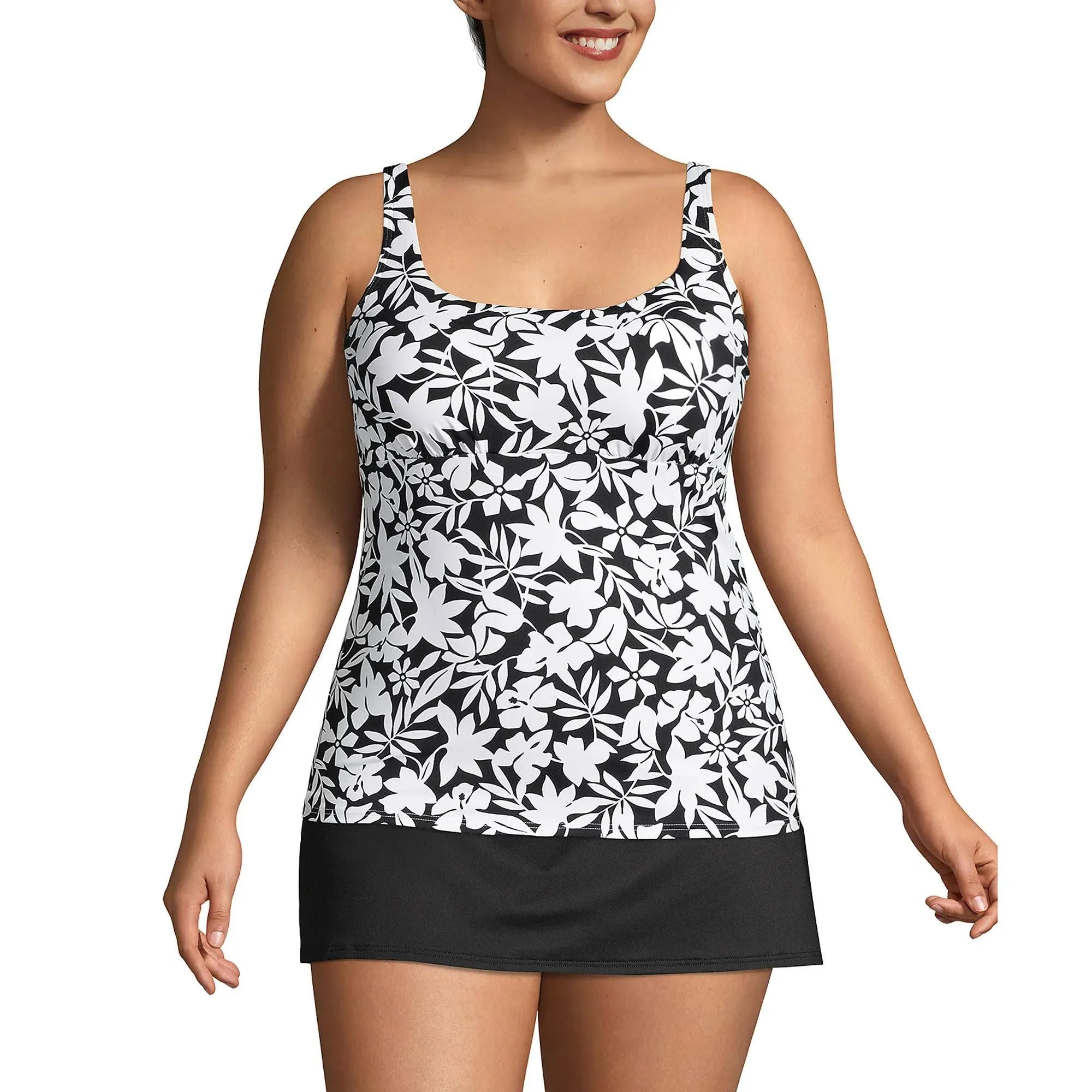 Lands' End Women's Square Neck Underwire Tankini Swimsuit Top - 12 - Black Havana Floral