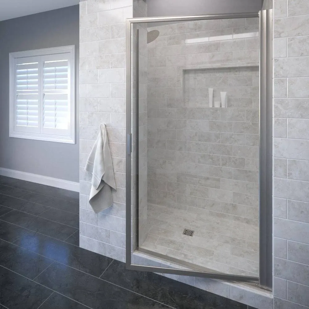 Basco Sopora 29 in. x 63-1/2 in. Framed Pivot Shower Door in Brushed Nickel with Clear Glass SOPN00A2963CLBN