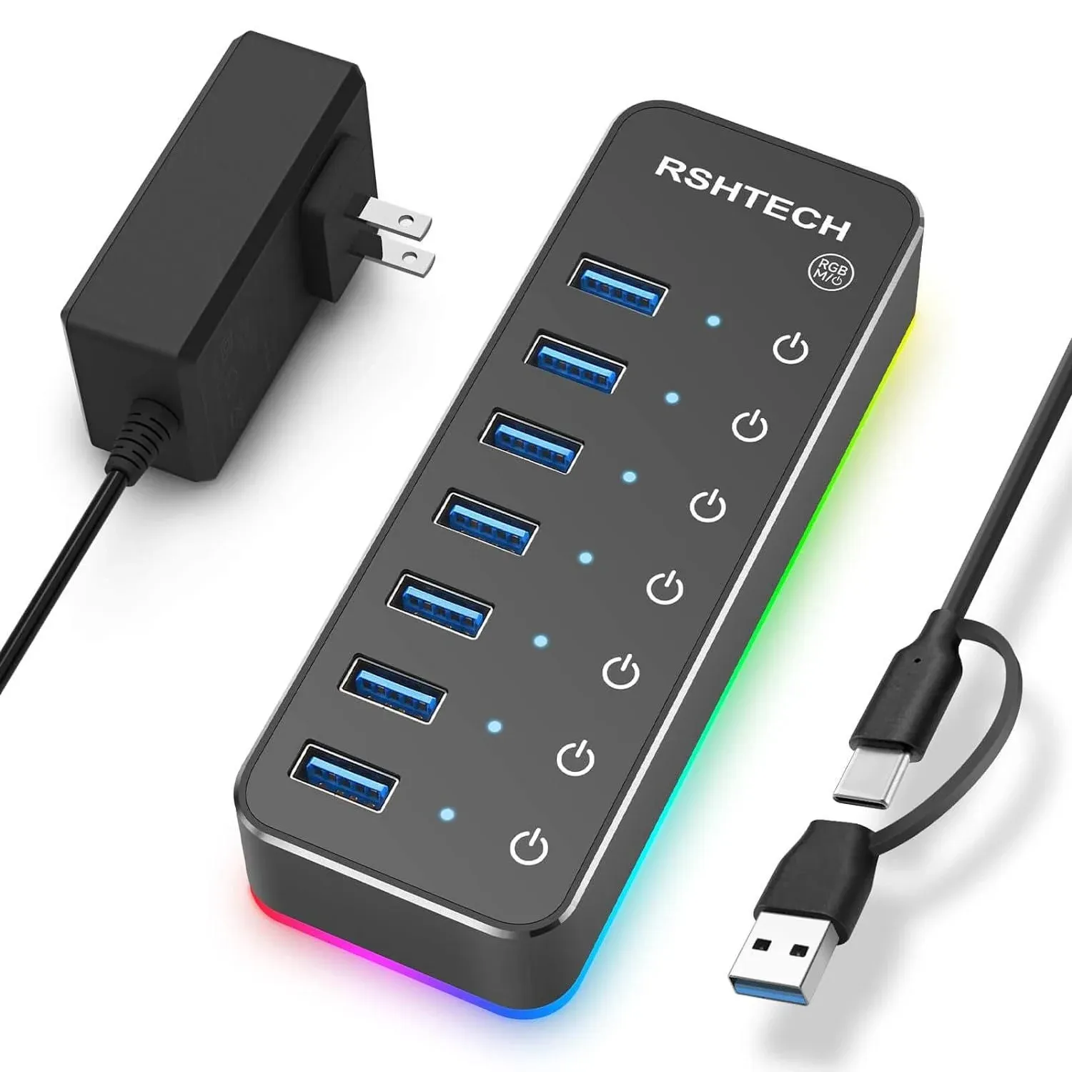 Powered USB Hub, RSHTECH RGB 7 Ports USB 3.0/USB C Hub with 14 Mode RGB LED Strip, Individual Touch Switches, 3.3ft Cable and 5V/4A Power Adapter, Aluminum Gaming USB Hub for PC and Laptop, RSH-518R