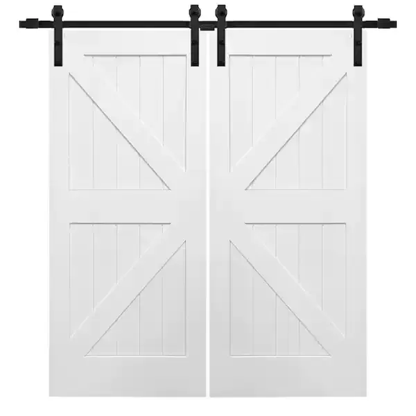 MMI Door 72 in. x 84 in. Primed Composite K-Plank Double Sliding Barn Door with Matte Black Hardware Kit Z0341677