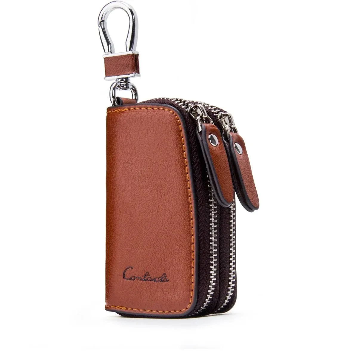 Contacts Car Key Case Leather Double Zipper Key Holder with 4 Keyrings Keys Organizer for Men Women