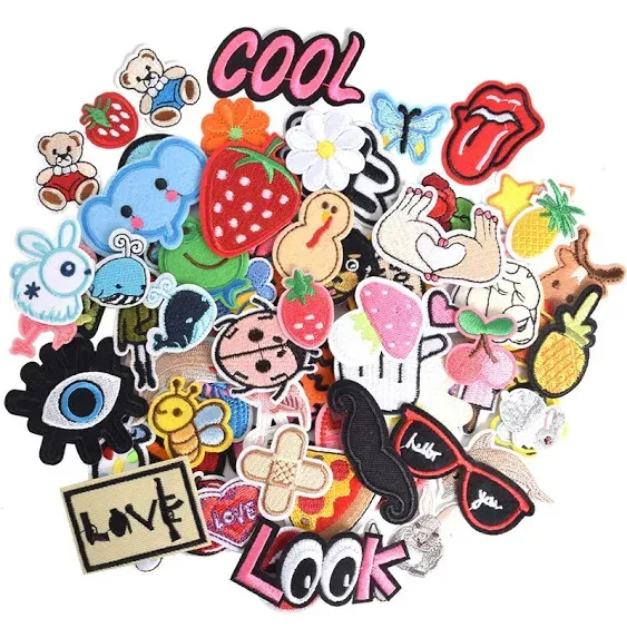 J.CARP 70Pcs Random Assorted Embroidered Iron on Patches, Cute Sewing Applique for Jackets, Hats, Backpacks, Jeans, DIY Accessories